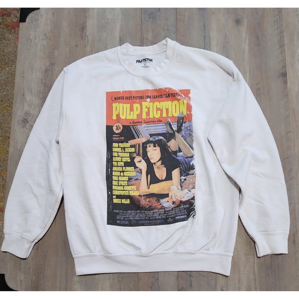 Vintage 1990s Pulp Fiction Movie White Graphic Retro Pullover Crewneck Men's M
